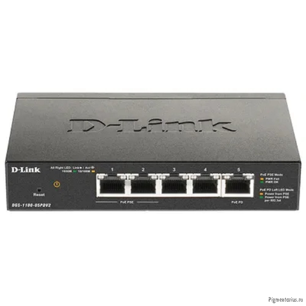 D-Link DGS-1100-05PDV2/A1A Настраиваемый L2 коммутатор с 5 портами 10/100/1000Base-T (2 порта PoE, 1
