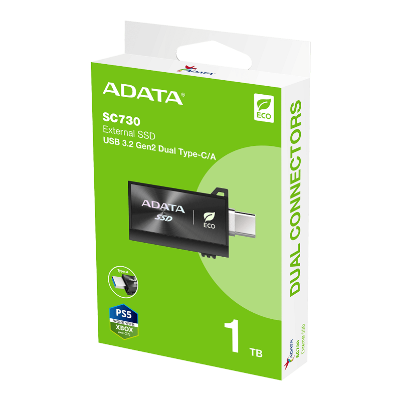 A-DATA External SSD 1TB SC730, Type-C, Type-A, USB 3.2 Gen2, R/W 600/600 MB/s, 36.8x23.8x9.7mm, Blac