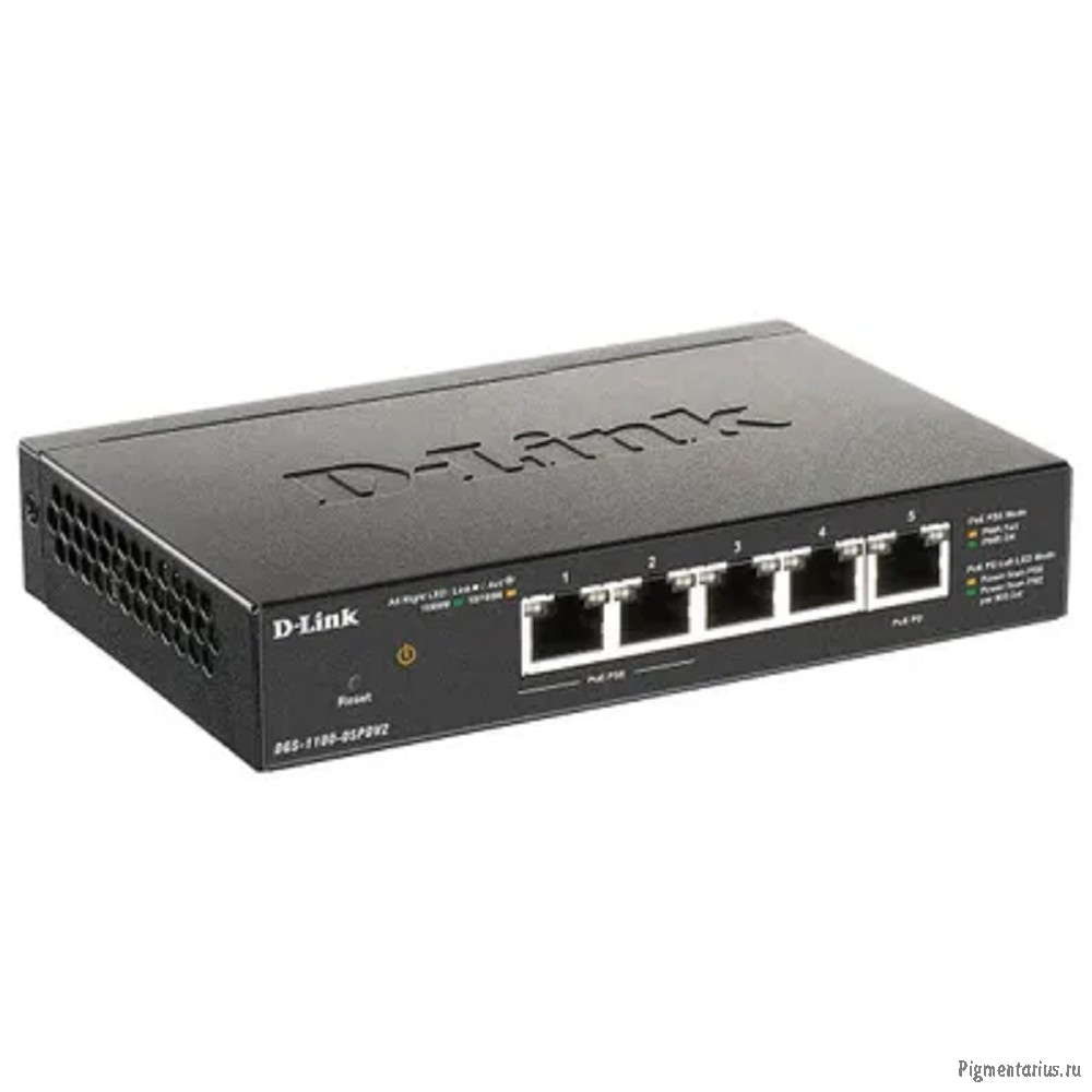 D-Link DGS-1100-05PDV2/A1A Настраиваемый L2 коммутатор с 5 портами 10/100/1000Base-T (2 порта PoE, 1