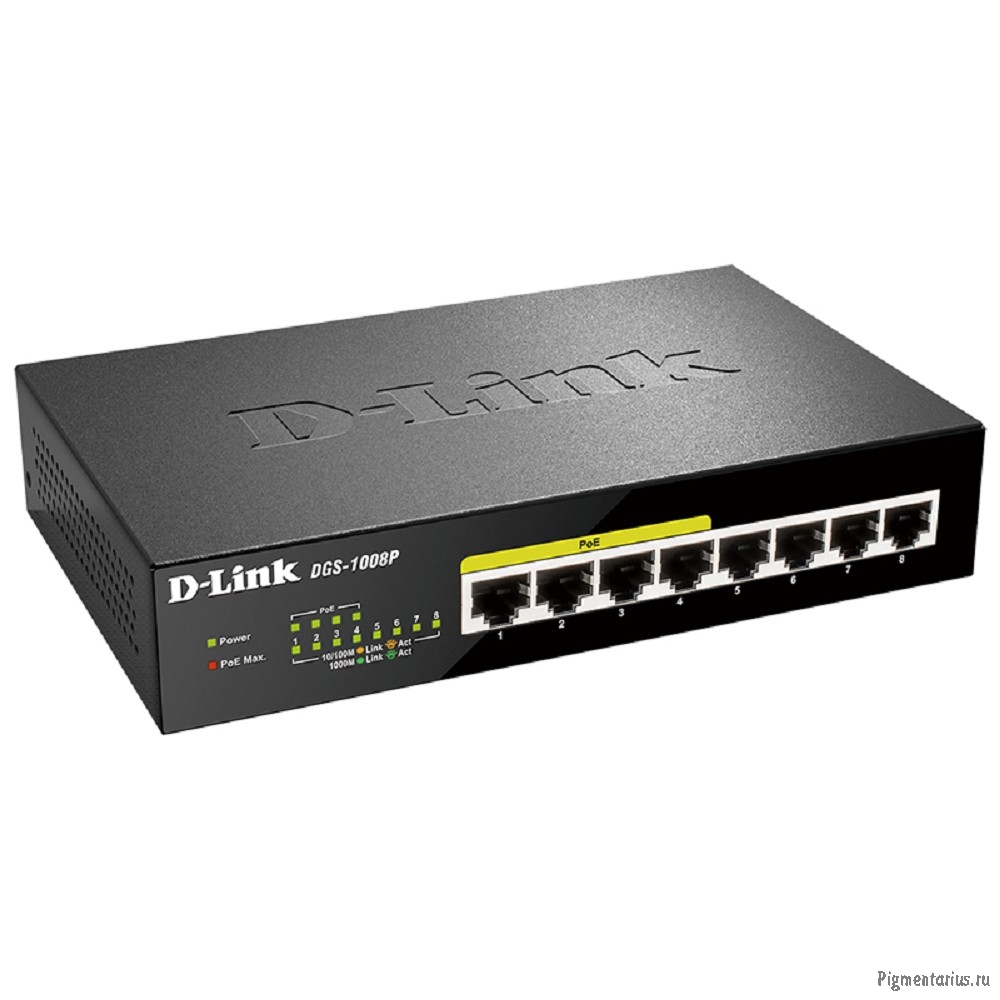 D-Link DGS-1008P/E1A Неуправляемый коммутатор с 8 портами 10/100/1000Base-T (4 порта PoE 802.3af/at,