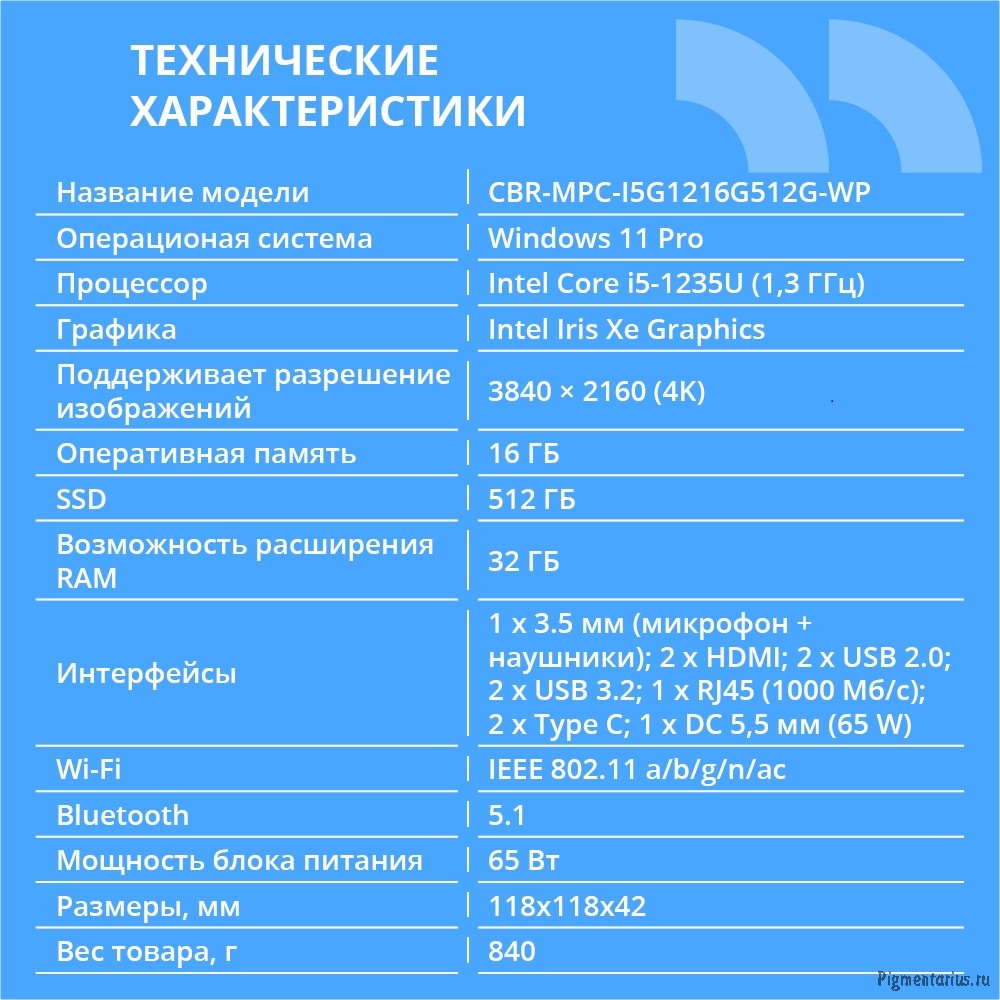 CBR MiniPC-DT002 (Intel i5-1235U /16Gb  DDR4/512Gb SSD PCIe / W11Pro / 2 х USB 2.0, 2 х HDMI, 2 х US